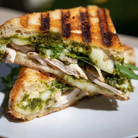 Golden-brown Chicken Pesto Panini resting on a wooden board, with melted mozzarella oozing from the warm ciabatta.