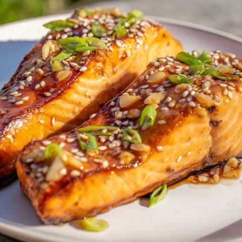 Honey Garlic Salmon, pan-seared to perfection, with a sticky, shimmering glaze coating the fillets.