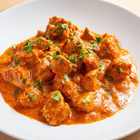 Fragrant, creamy Chicken Tikka Masala, ready to serve with fluffy rice and a sprinkle of cilantro.