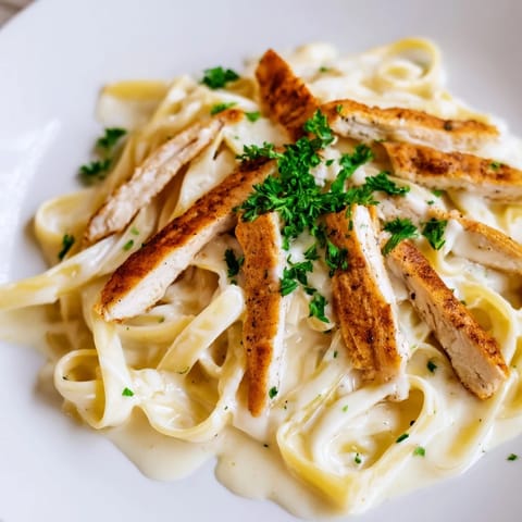 Golden, spicy Cajun chicken slices resting on silky Alfredo fettuccine, garnished with red pepper flakes and herbs.