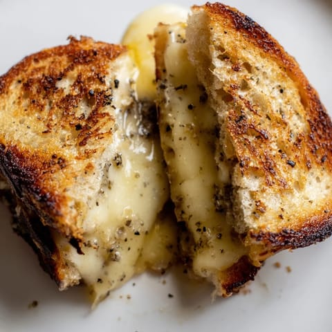 Slices of crispy Truffle Grilled Cheese with Gruyère and truffle oil, served on a slate board, ready to be dipped into tomato soup.
