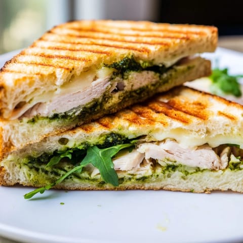 Close-up of a Chicken Pesto Panini showing juicy grilled chicken, vibrant green basil pesto, and fresh tomato slices.