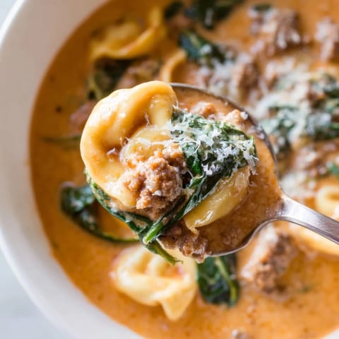 Cheesy tortellini and hearty Italian sausage simmer in a creamy tomato broth, topped with melted Parmesan.
