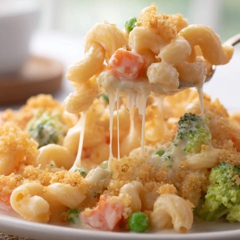 Hearty serving of Garden Veg Mac and Cheese with melted mozzarella, bright vegetables, and crispy panko topping on a rustic plate.