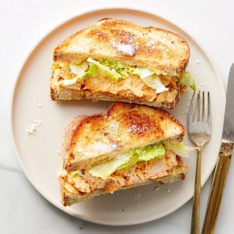Golden Buffalo Chicken Caesar Grilled Cheese on sourdough, layered with creamy Caesar and spicy buffalo chicken.