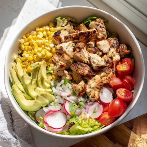 Colorful bowl of Roasted Corn & Chicken Chopped Salad featuring tender grilled chicken, charred corn kernels, diced avocado, and crunchy radishes tossed in zesty lime vinaigrette.  