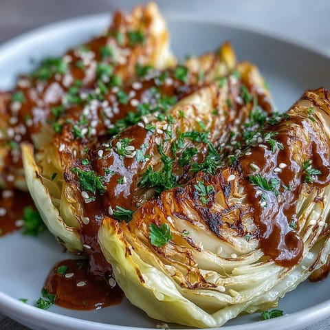 Golden-brown roasted cabbage wedges with crisp edges, drizzled with creamy tahini sauce and topped with fresh parsley.