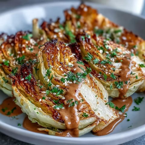 A close-up of tender roasted cabbage wedges with tahini sauce, sprinkled with sesame seeds and paprika.