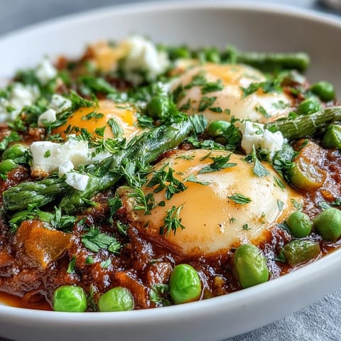 A skillet of vibrant pea and broad bean shakshuka with poached eggs, asparagus, and a spiced tomato sauce.