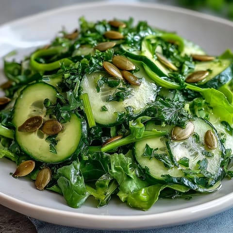 A vibrant Glowing Green Salad features crisp greens, cucumber, and celery tossed in a zesty lemon vinaigrette.  