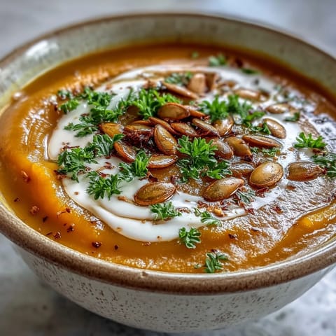A bowl of creamy butternut squash soup, garnished with toasted pumpkin seeds and fresh parsley, radiating warmth.