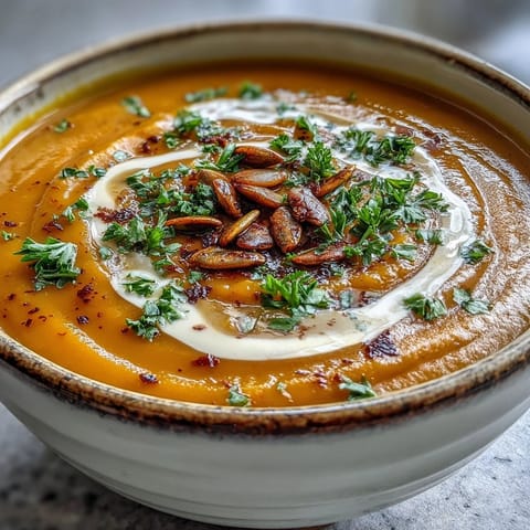 Golden-roasted butternut squash soup in a rustic bowl, topped with a swirl of coconut milk and herbs.