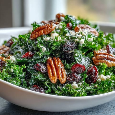 Close-up of a Warm Kale Salad with Maple Mustard Dressing, featuring tender kale, cranberries, and feta on a rustic platter.