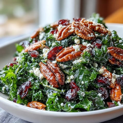 A vibrant Warm Kale Salad with Maple Mustard Dressing, massaged greens topped with dried cranberries and toasted pecans.