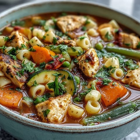 A close view of Pasta Soup With Chicken and Vegetables shows hearty chunks of chicken, carrots, zucchini, and peas mingling in a warm, fragrant broth perfect for family dinners.