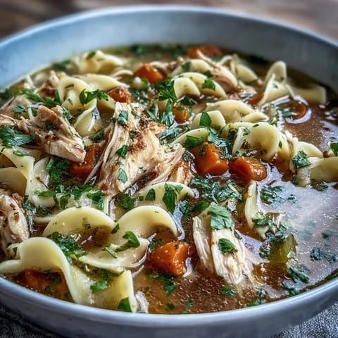 Cozy homemade Chicken and Noodle Soup in a rustic ceramic bowl, garnished with fresh parsley and served alongside crusty artisan bread on a linen placemat.