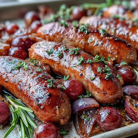 Golden brown roasted sausage and grapes served hot with crusty bread for soaking up the savory juices.