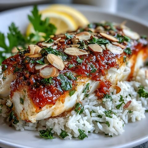 Bright tomato-roasted cod with crunchy spiced almonds, served over fluffy ginger rice with lemon wedges for a fresh finish.
