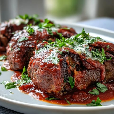 Tender beef rolls stuffed with pecorino, pine nuts, and raisins, served hot over pasta.