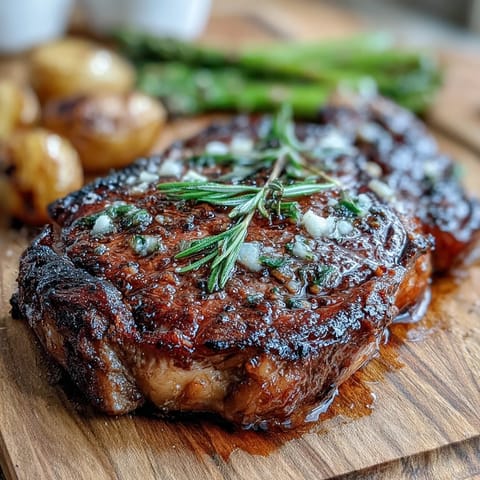 Sizzling bone-in rib eye steak topped with fresh rosemary and garlic, fresh off the grill.
