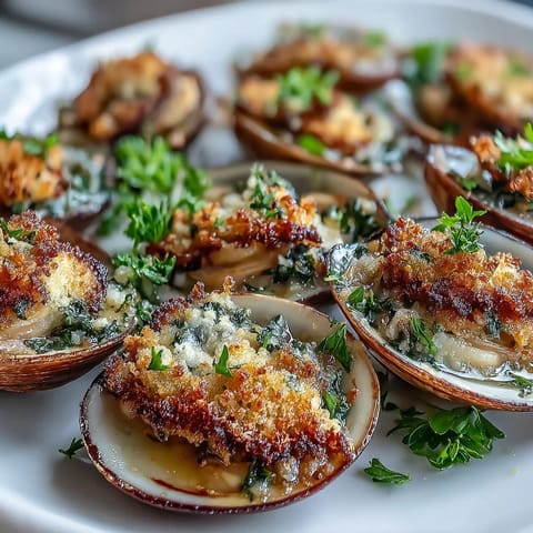 Roasted Clams With Lemony Panko glisten on a bed of rock salt, their golden panko topping toasted and ready to serve.