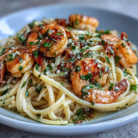 Plump shrimp and al dente linguine coated in a bright lemony garlic butter sauce.
