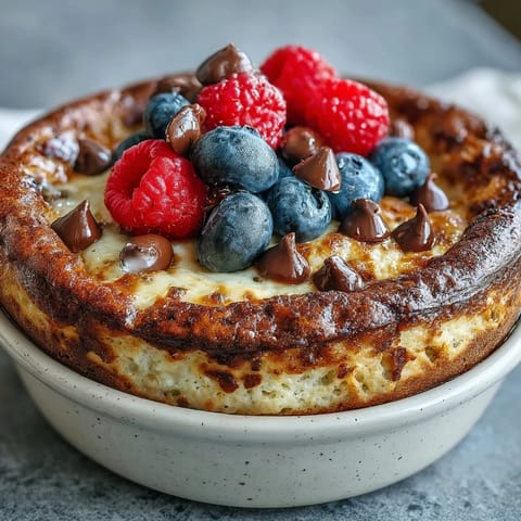 Freshly baked Baked Protein Pancake Bowl fresh from the oven, topped with maple syrup and berries.