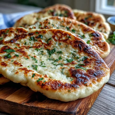 Freshly baked The Best Easy Garlic Naan Bread brushed with melted butter and minced garlic on a wooden board.