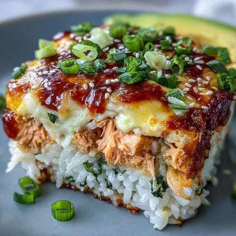 Fresh avocado slices and sesame seeds garnish a hearty scoop of Spicy Salmon Sushi Bake served on crispy seaweed.