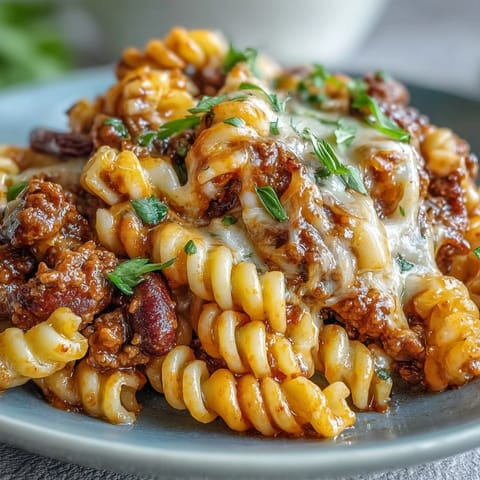 Steaming One-Pan High Protein Chili Mac topped with green onions and sour cream next to a skillet and tortilla chips.