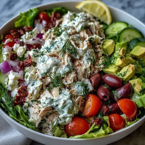 Juicy cherry tomatoes and crumbled feta cheese garnish this chilled Mediterranean Tzatziki Chicken Salad, served on fresh spinach leaves for a healthy lunch.