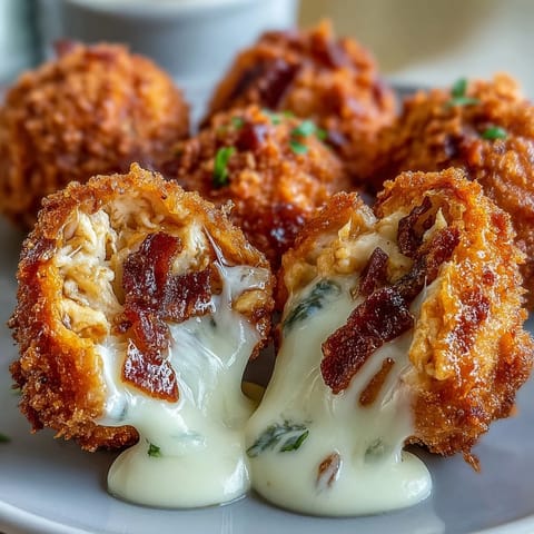 Fried Buffalo Chicken Bacon Mozzarella Bombs with a spicy drizzle and crumbled bacon garnish, perfect game day appetizer served on slate.