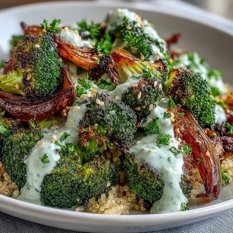 Roasted Broccoli Bowl topped with creamy tahini sauce, sliced avocado, and fresh parsley served over fluffy quinoa grains.