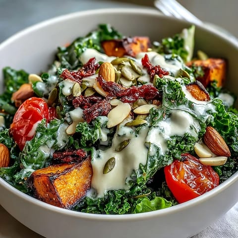 Freshly massaged Kale Salad Bowl topped with roasted sweet potato, red bell pepper, and zucchini, sprinkled with pumpkin seeds and drizzled with creamy tahini dressing.