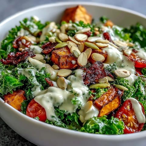 A close-up of a vibrant Kale Salad Bowl featuring golden roasted vegetables, crunchy almonds, and sunflower seeds tossed in a rich, lemony tahini dressing.