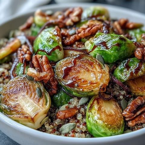 Roasted Brussels Sprouts Bowl topped with toasted walnuts, cranberries, and pumpkin seeds on fluffy quinoa.