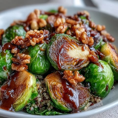 A hearty vegan dinner bowl with roasted Brussels sprouts, caramelized onions, and tangy balsamic drizzle.