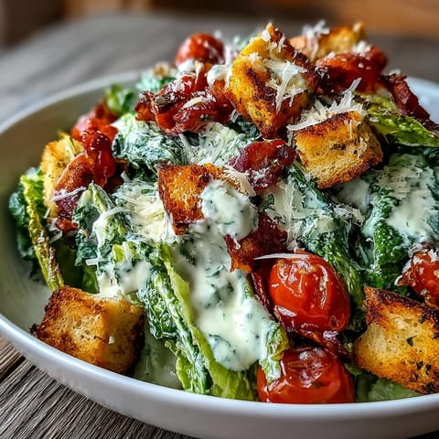 Tossed Romaine Caesar Bowl topped with shaved Parmesan and grilled chicken on a white ceramic plate.