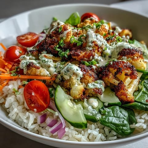 Golden herb-roasted cauliflower florets piled high over fluffy rice with fresh spinach in a bowl.