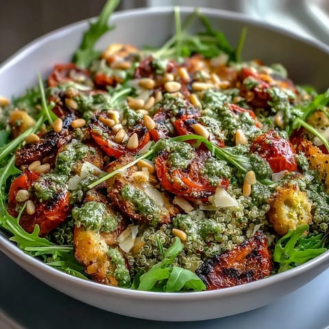 Freshly roasted vegetables and fluffy quinoa topped with peppery Arugula Pesto Bowl and shaved Parmesan.