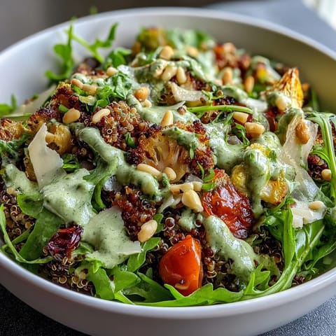 A vibrant, homemade Arugula Pesto Bowl tossed with quinoa and cherry tomatoes, served in a ceramic bowl.