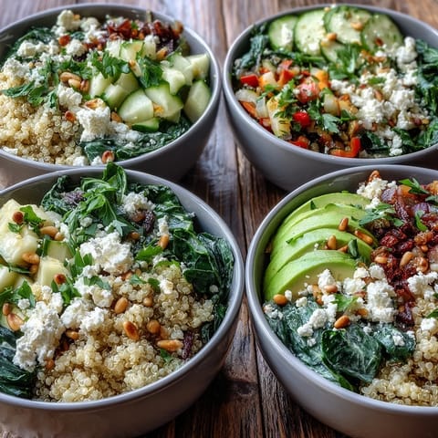 Overhead view of a wholesome Spinach and Feta Grain Bowl featuring fluffy quinoa, vibrant vegetables, and creamy feta, ready for a nutritious lunch.