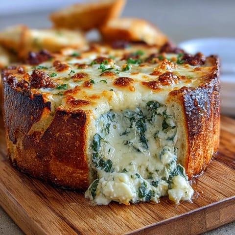 Festive St. Patrick's Day spinach artichoke dip baked in a warm, crusty sourdough bread bowl, topped with melted mozzarella.  