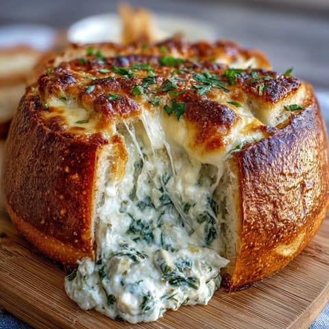 Creamy, cheesy spinach artichoke dip served inside a golden sourdough bread bowl, perfect for dipping with crusty bread chunks.  