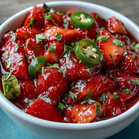 Fresh strawberry salsa with lime and jalapeño, bursting with sweet and spicy flavors in a vibrant bowl.  