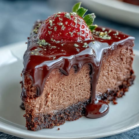 2. Elegant Dubai-inspired cheesecake cups featuring a buttery chocolate crust, smooth cream cheese filling, and juicy strawberry halves, finished with a glossy chocolate drizzle and edible gold leaf.  