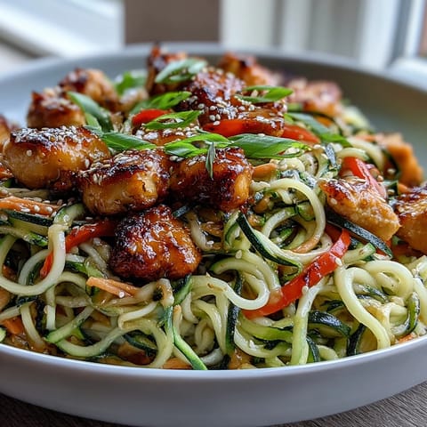 Healthy Easy Zucchini Noodle Stir Fry with Chicken: colorful plate of tender chicken and spiralized zucchini tossed with vibrant vegetables in a savory Asian sauce.