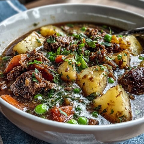 Shepherds Pie Soup with Ground Beef and Veggies in a steaming bowl, garnished with fresh parsley and served with crusty bread.  