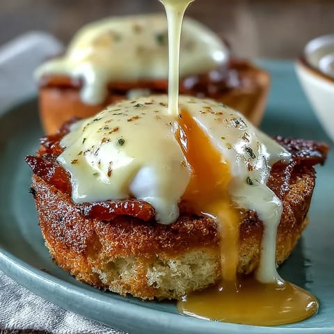 Classic Eggs Benedict with silky hollandaise sauce, perfectly poached eggs, and Canadian bacon atop toasted English muffins for a luxurious brunch experience.