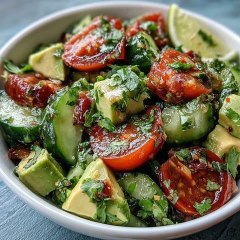 Fresh cucumber tomato avocado salad with lemon dressing, a colorful and healthy summer side dish.  